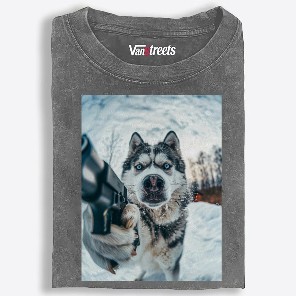 Husky Pulls a Gun Retro Washed T-Shirt | 100% Cotton | Streetwear Essential
