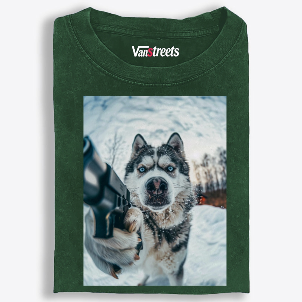 Husky Pulls a Gun Retro Washed T-Shirt | 100% Cotton | Streetwear Essential