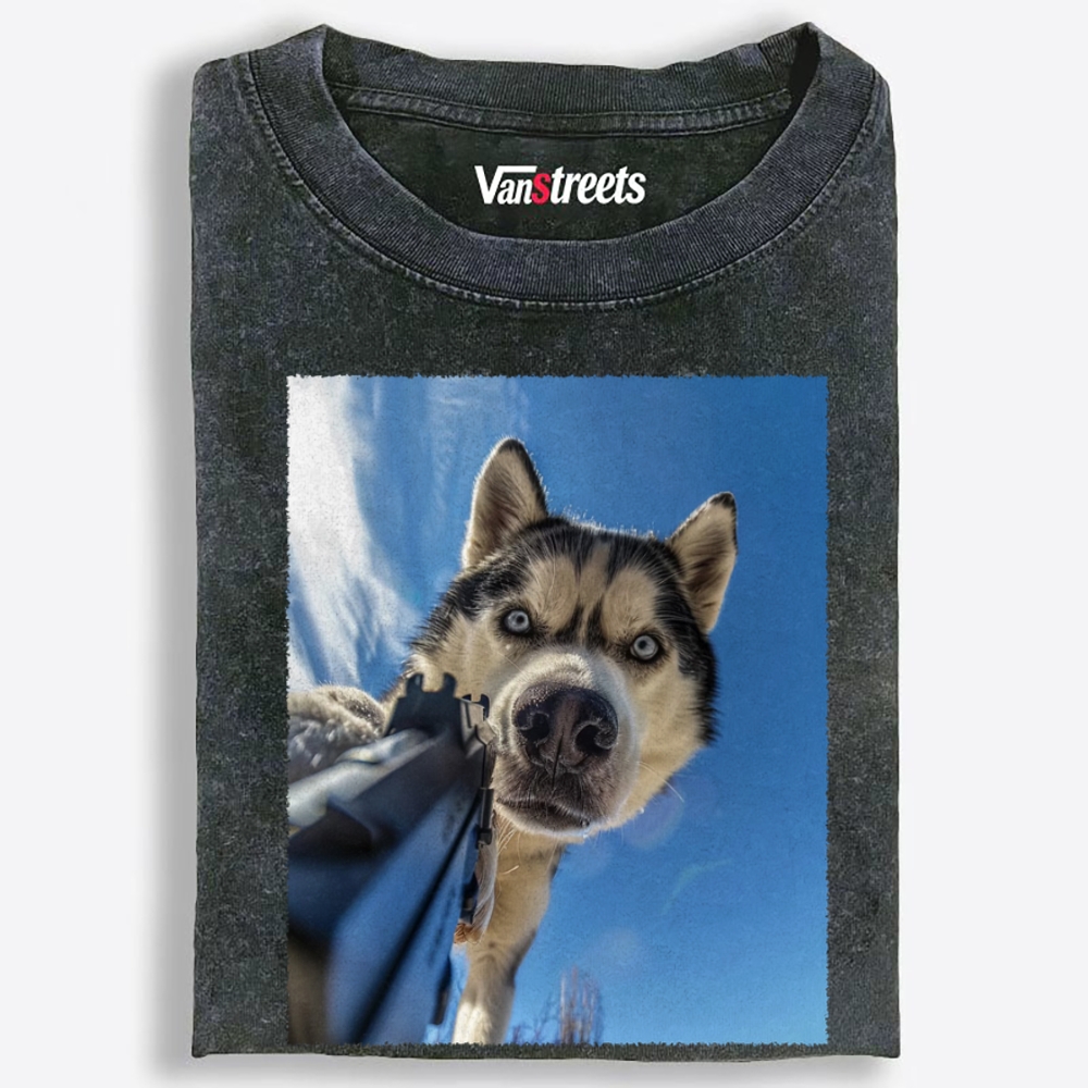 Low Angle Husky Gun Retro Washed T-Shirt | 100% Cotton | Streetwear Essential