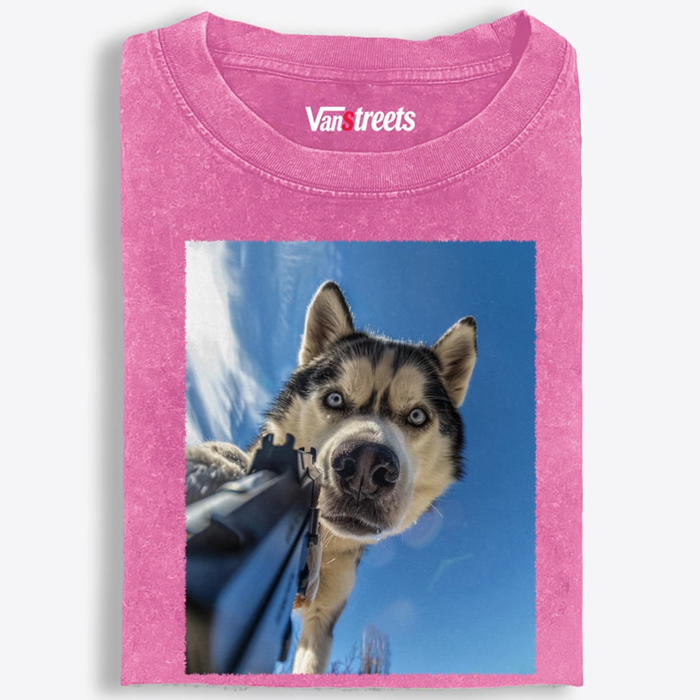 Low Angle Husky Gun Retro Washed T-Shirt | 100% Cotton | Streetwear Essential