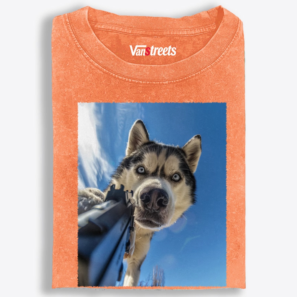 Low Angle Husky Gun Retro Washed T-Shirt | 100% Cotton | Streetwear Essential