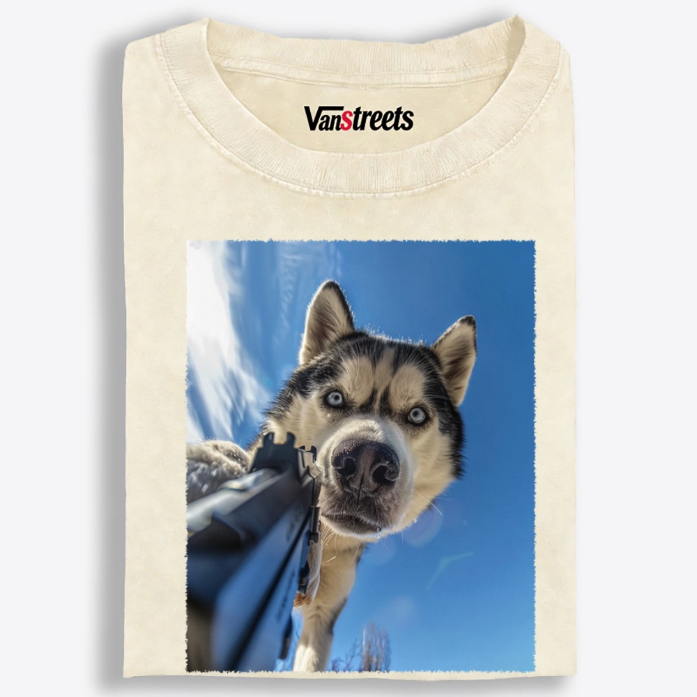 Low Angle Husky Gun Retro Washed T-Shirt | 100% Cotton | Streetwear Essential