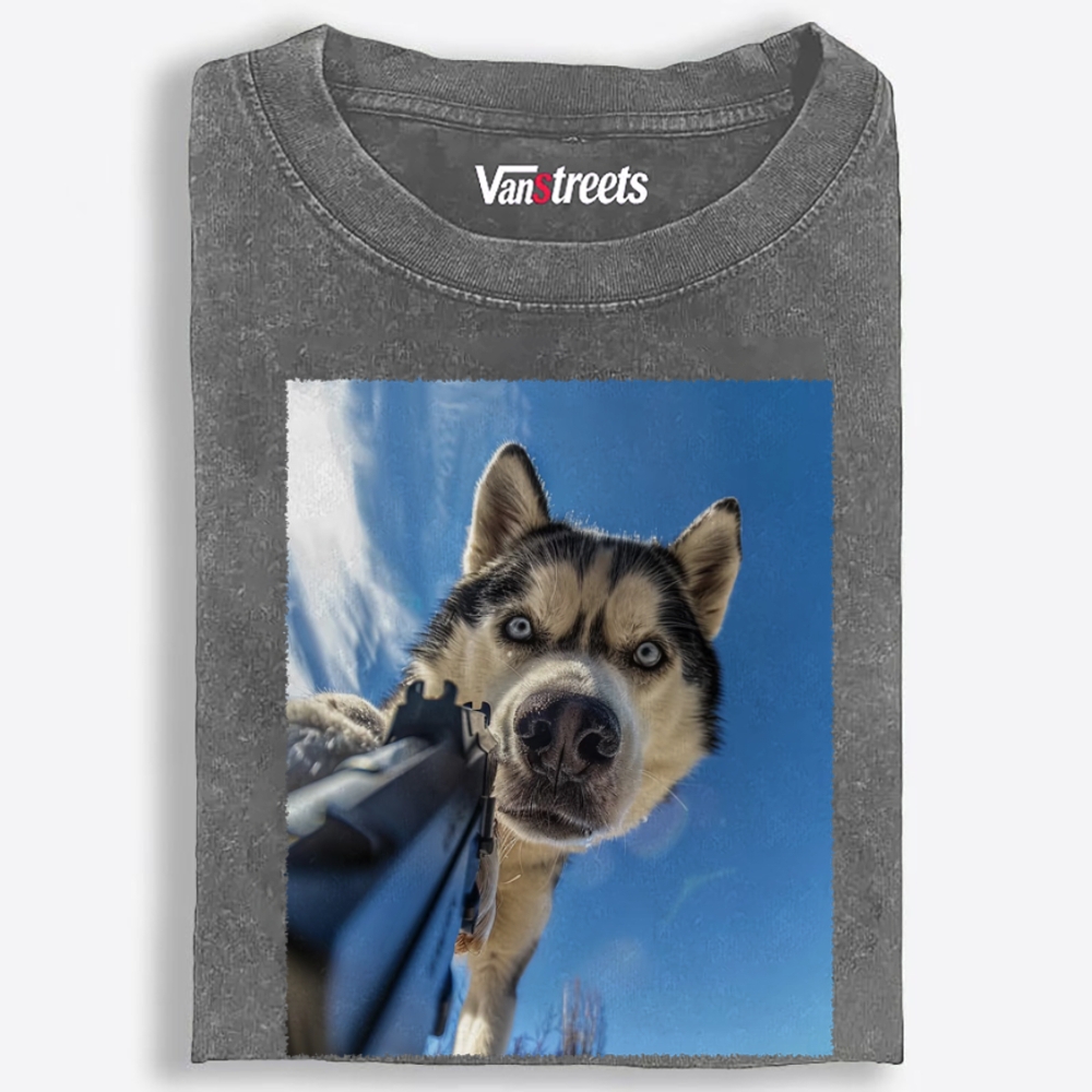 Low Angle Husky Gun Retro Washed T-Shirt | 100% Cotton | Streetwear Essential
