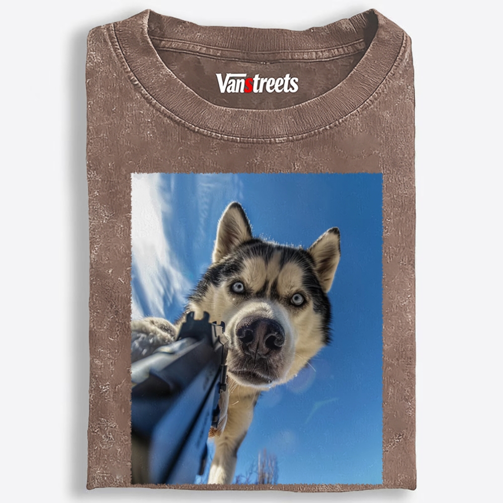 Low Angle Husky Gun Retro Washed T-Shirt | 100% Cotton | Streetwear Essential