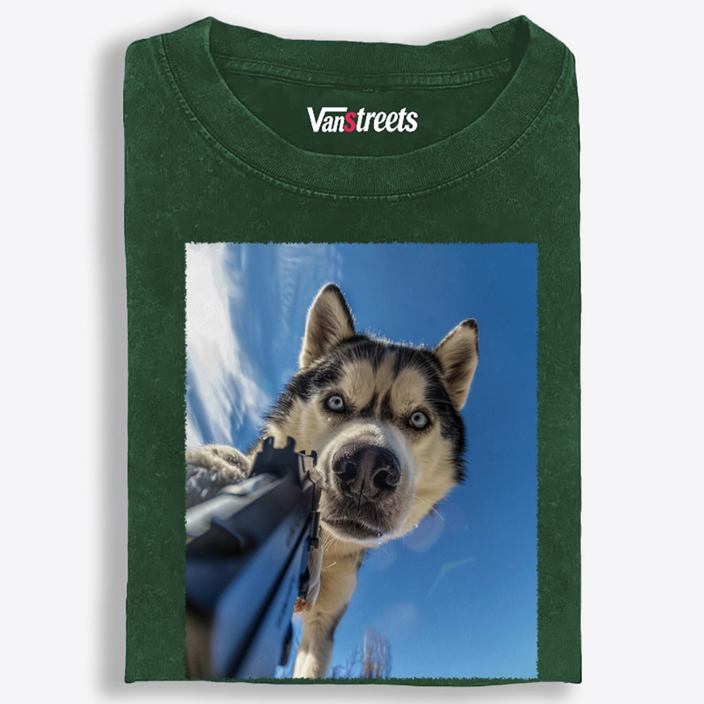 Low Angle Husky Gun Retro Washed T-Shirt | 100% Cotton | Streetwear Essential