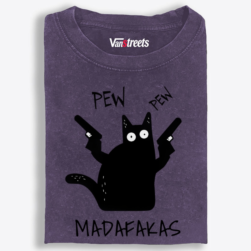 Pew Pew Madafakas Cat Retro Washed T-Shirt | 100% Cotton | Streetwear Essential