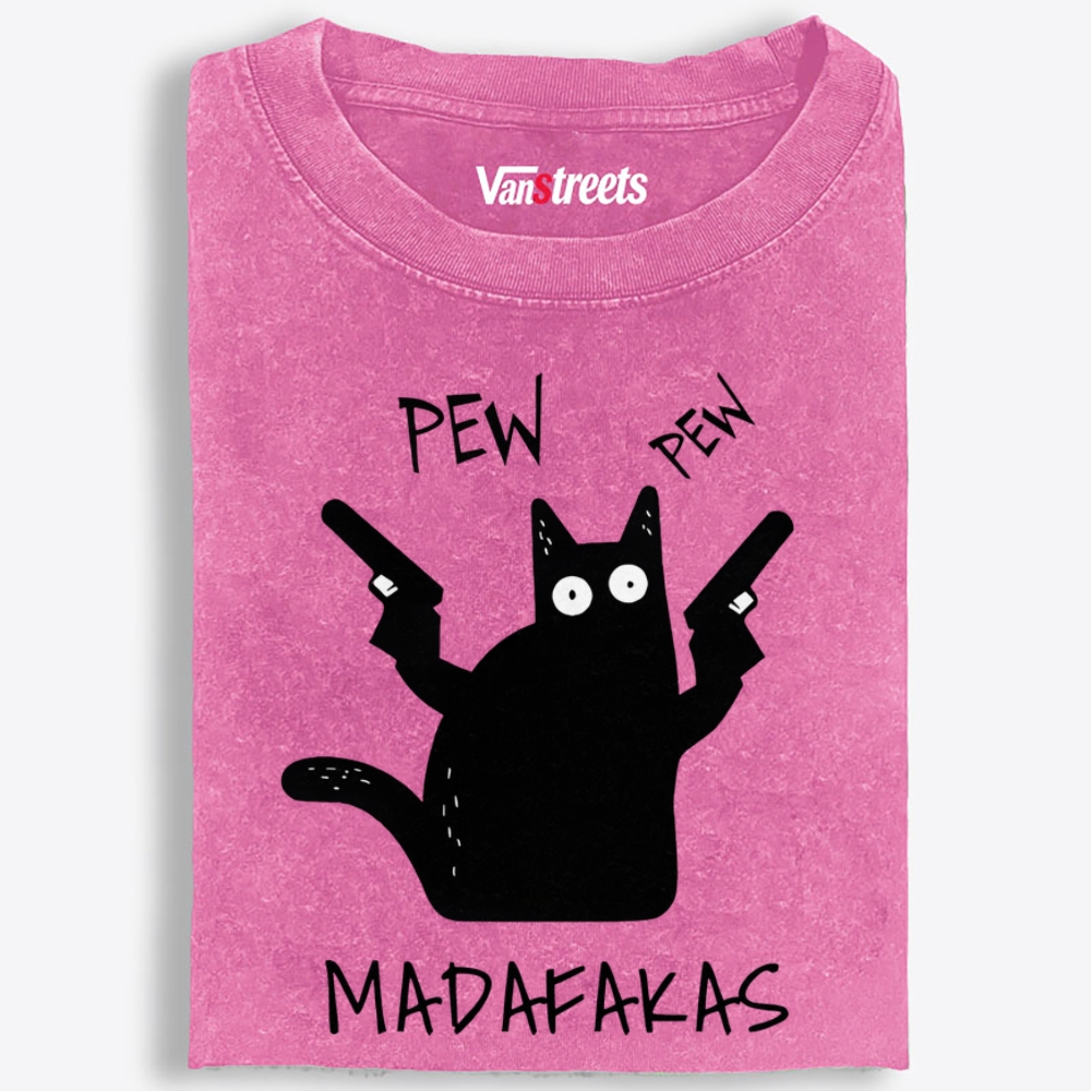 Pew Pew Madafakas Cat Retro Washed T-Shirt | 100% Cotton | Streetwear Essential