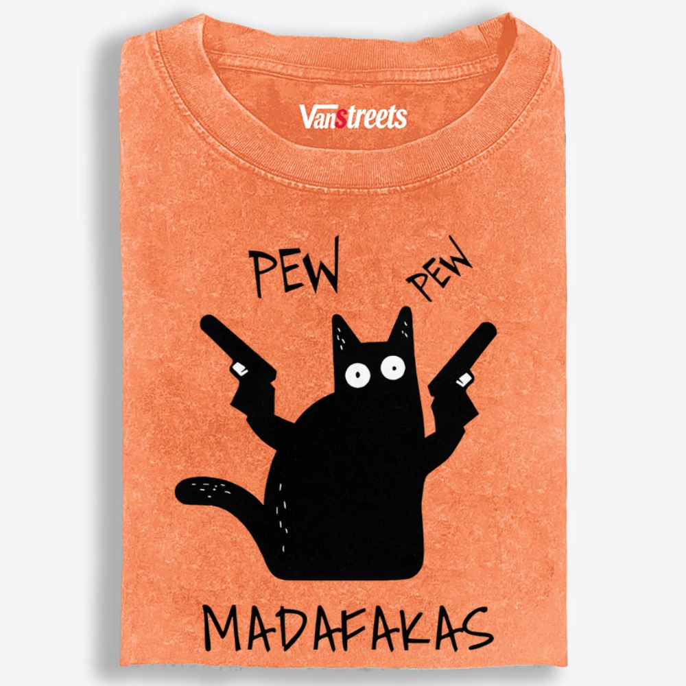 Pew Pew Madafakas Cat Retro Washed T-Shirt | 100% Cotton | Streetwear Essential