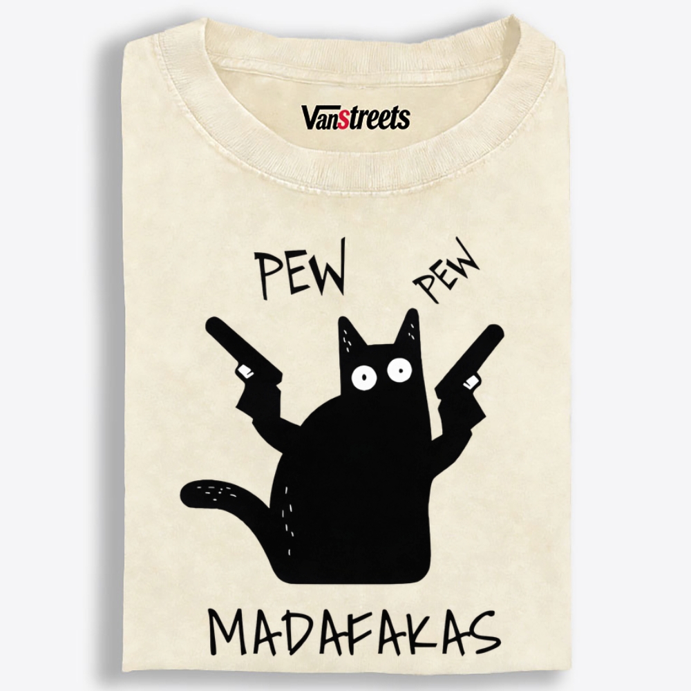 Pew Pew Madafakas Cat Retro Washed T-Shirt | 100% Cotton | Streetwear Essential