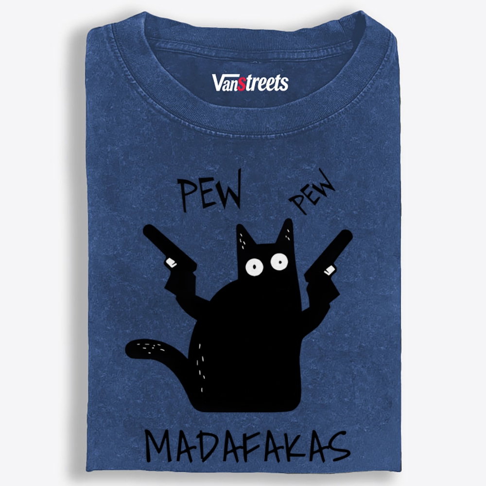 Pew Pew Madafakas Cat Retro Washed T-Shirt | 100% Cotton | Streetwear Essential