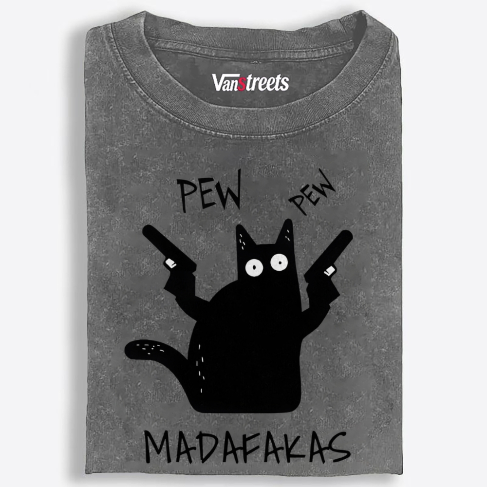 Pew Pew Madafakas Cat Retro Washed T-Shirt | 100% Cotton | Streetwear Essential