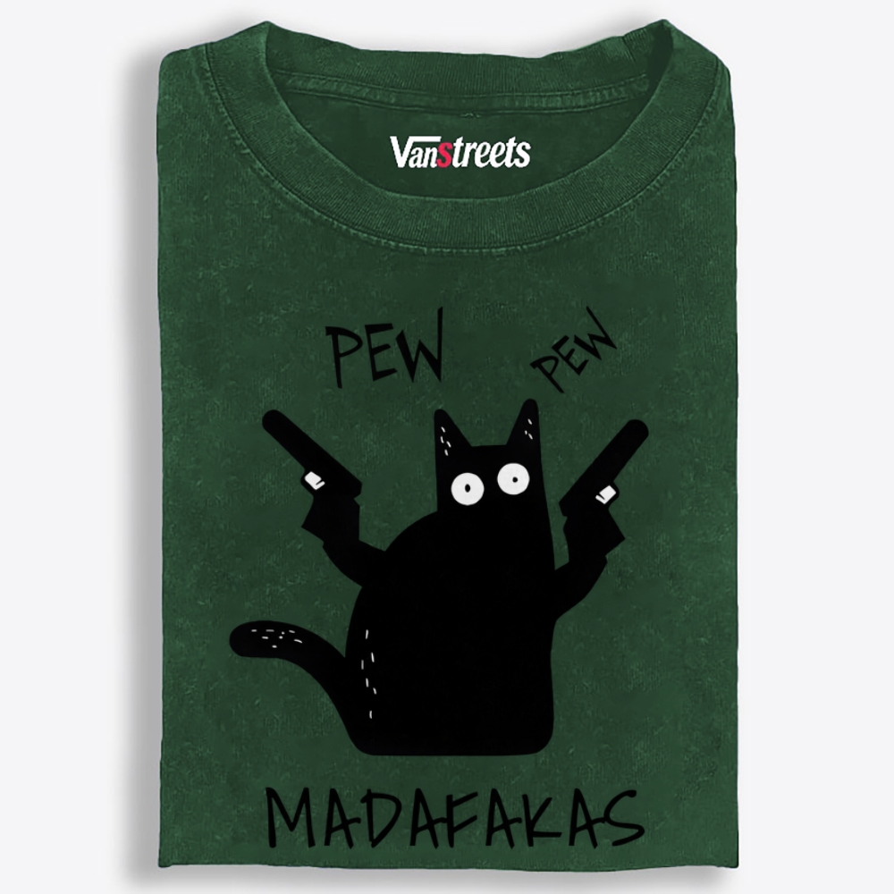 Pew Pew Madafakas Cat Retro Washed T-Shirt | 100% Cotton | Streetwear Essential