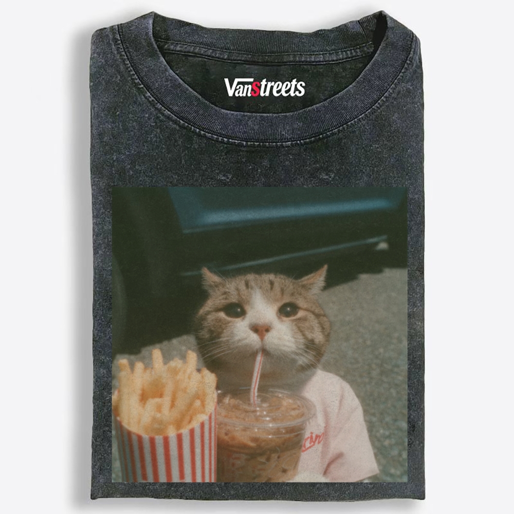 Cat's Fries & Happy Drink Retro Washed T-Shirt | 100% Cotton | Streetwear Essential