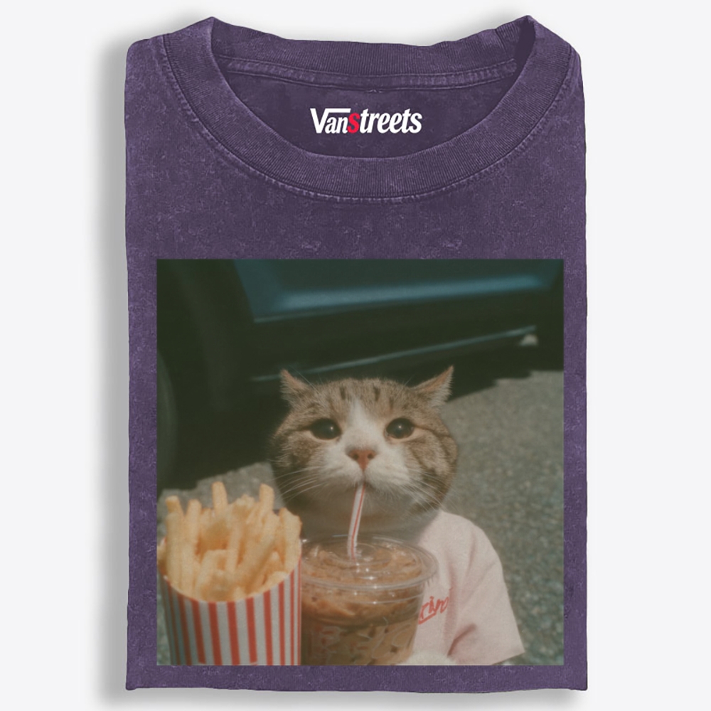 Cat's Fries & Happy Drink Retro Washed T-Shirt | 100% Cotton | Streetwear Essential