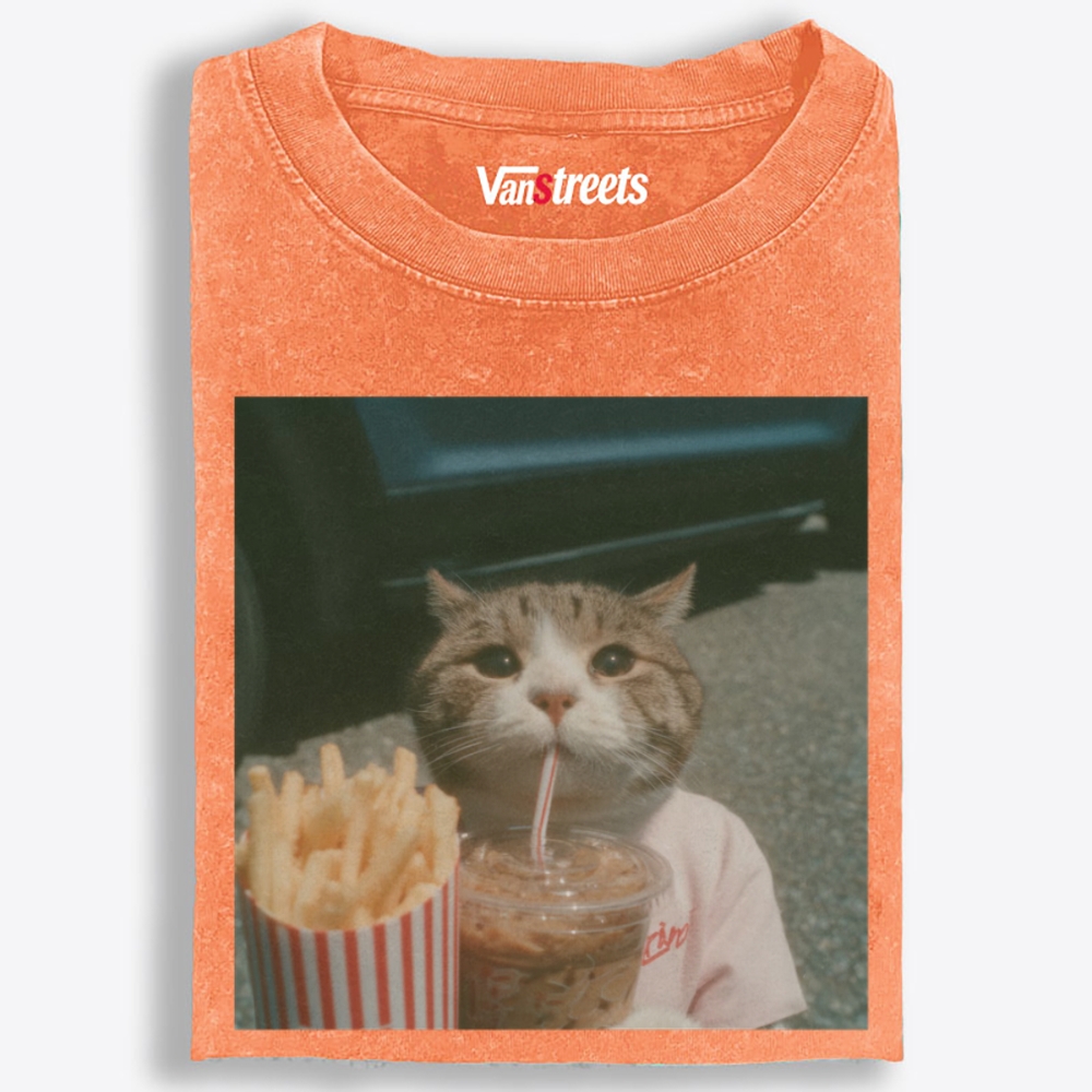 Cat's Fries & Happy Drink Retro Washed T-Shirt | 100% Cotton | Streetwear Essential