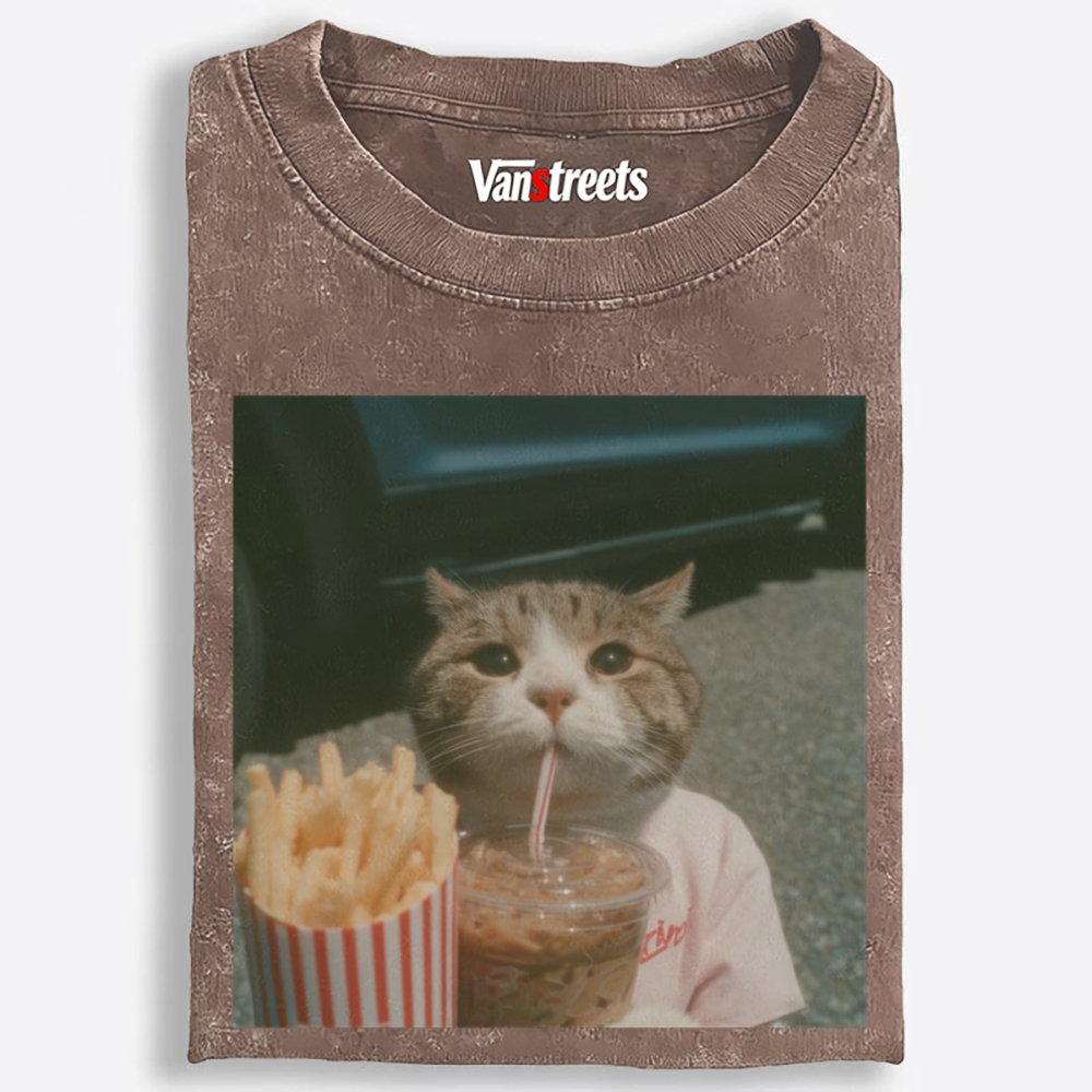 Cat's Fries & Happy Drink Retro Washed T-Shirt | 100% Cotton | Streetwear Essential