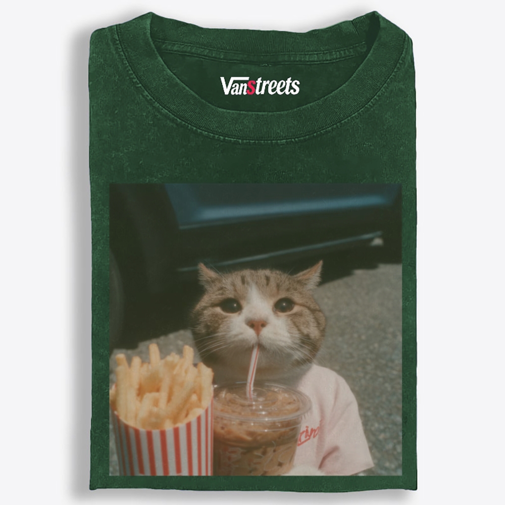 Cat's Fries & Happy Drink Retro Washed T-Shirt | 100% Cotton | Streetwear Essential