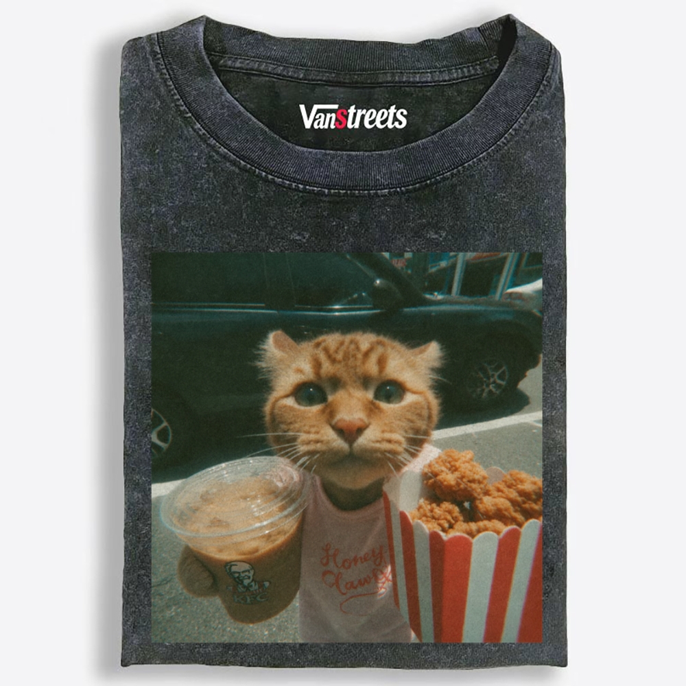 Orange Cat's Fried Chicken & Happy Drink Retro Washed T-Shirt | 100% Cotton | Streetwear Essential