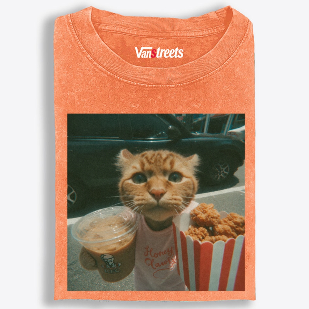 Orange Cat's Fried Chicken & Happy Drink Retro Washed T-Shirt | 100% Cotton | Streetwear Essential