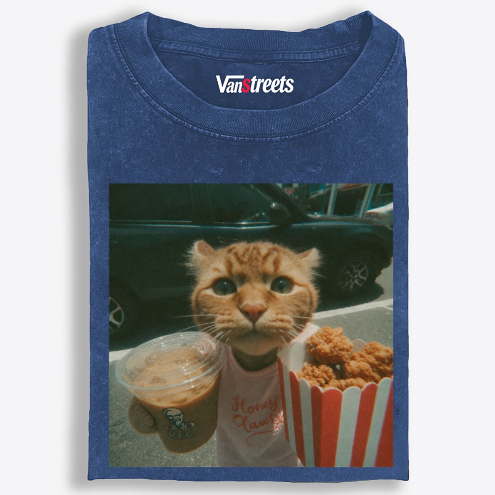 Orange Cat's Fried Chicken & Happy Drink Retro Washed T-Shirt | 100% Cotton | Streetwear Essential