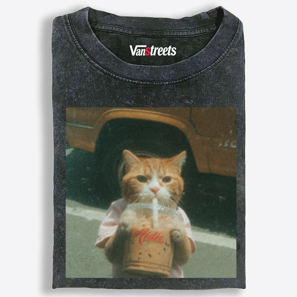 Grumpy Orange Cat's Happy Drink Retro Washed T-Shirt | 100% Cotton | Streetwear Essential