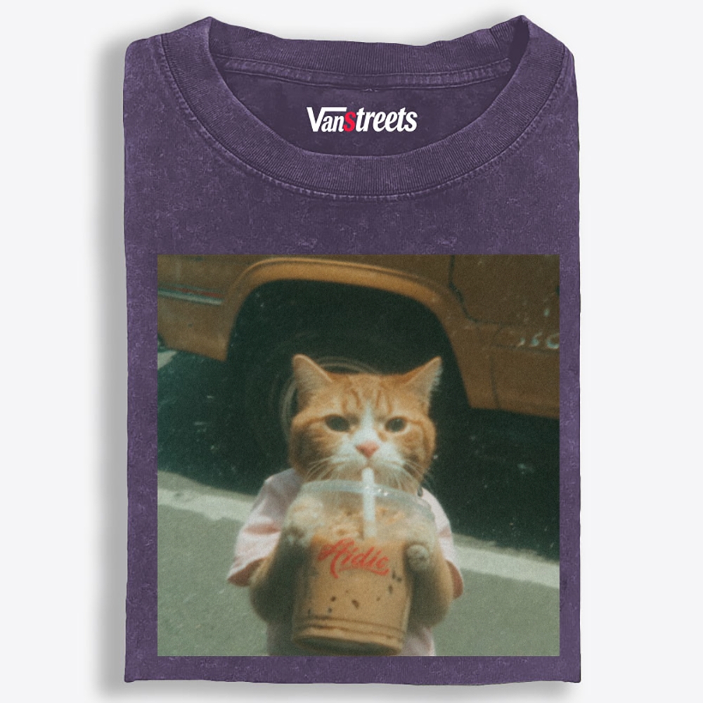 Grumpy Orange Cat's Happy Drink Retro Washed T-Shirt | 100% Cotton | Streetwear Essential