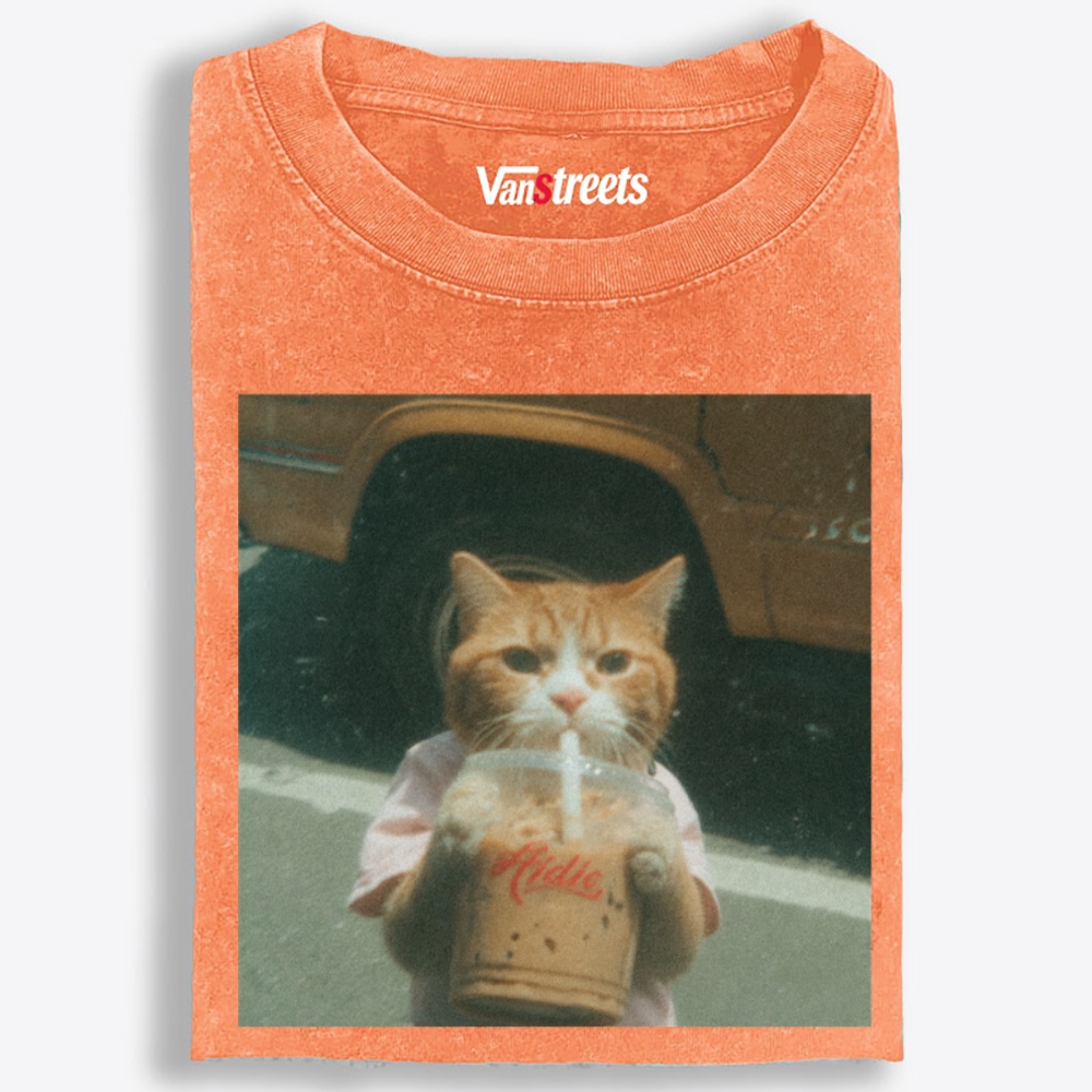 Grumpy Orange Cat's Happy Drink Retro Washed T-Shirt | 100% Cotton | Streetwear Essential