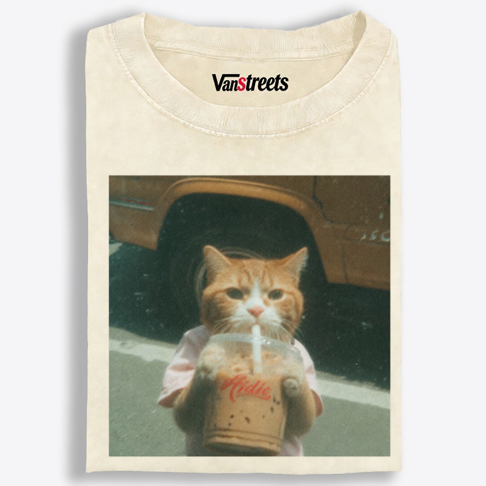 Grumpy Orange Cat's Happy Drink Retro Washed T-Shirt | 100% Cotton | Streetwear Essential