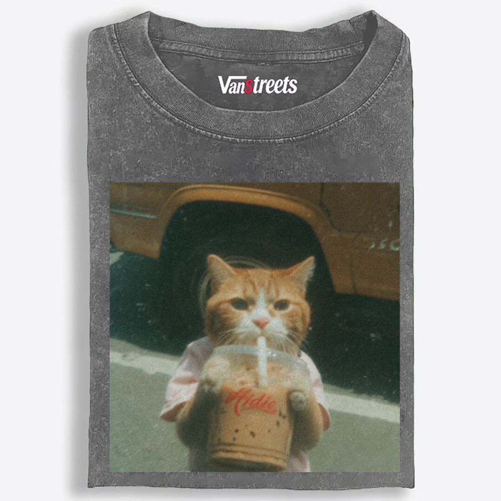 Grumpy Orange Cat's Happy Drink Retro Washed T-Shirt | 100% Cotton | Streetwear Essential