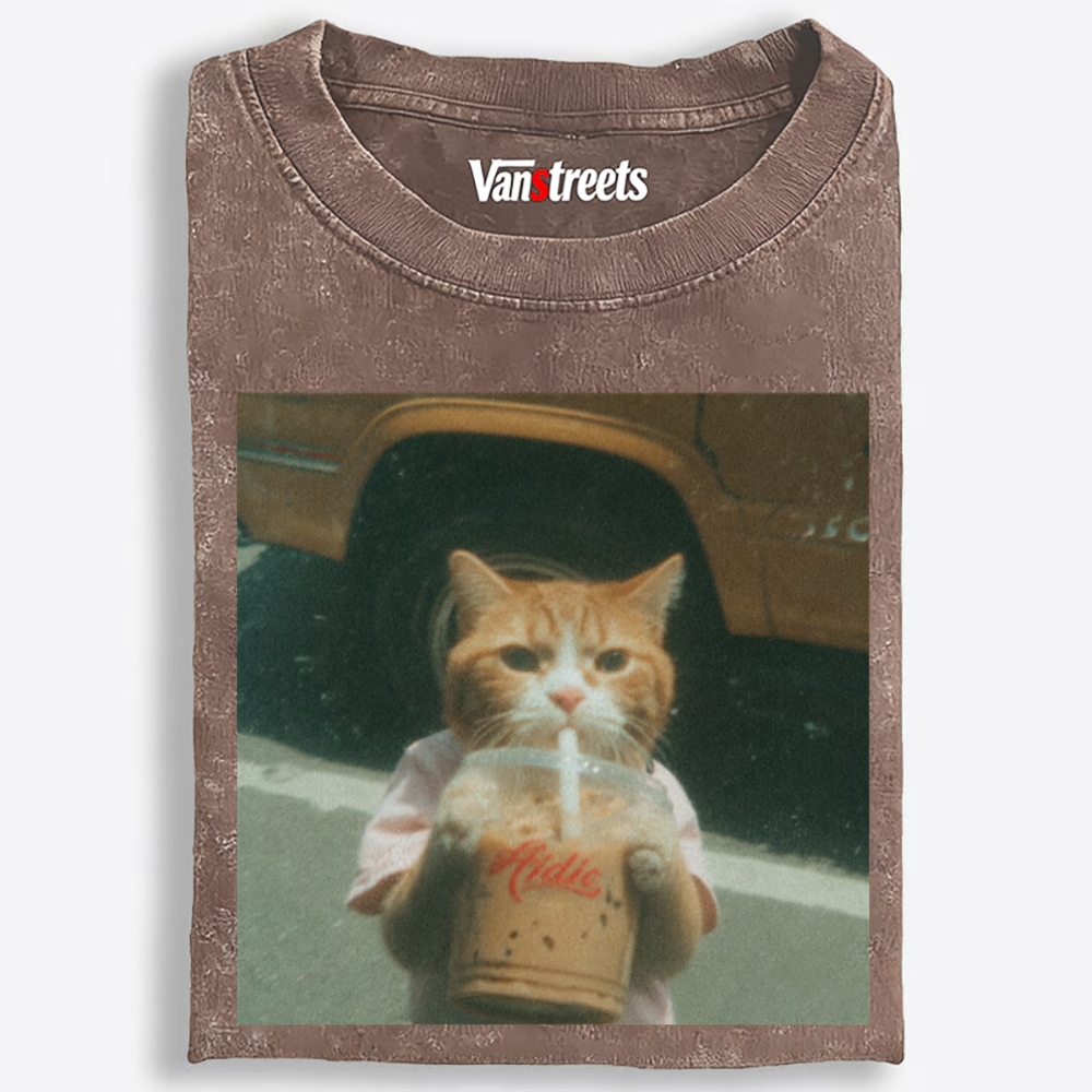 Grumpy Orange Cat's Happy Drink Retro Washed T-Shirt | 100% Cotton | Streetwear Essential