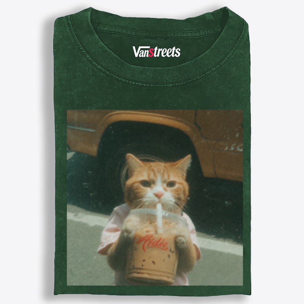 Grumpy Orange Cat's Happy Drink Retro Washed T-Shirt | 100% Cotton | Streetwear Essential