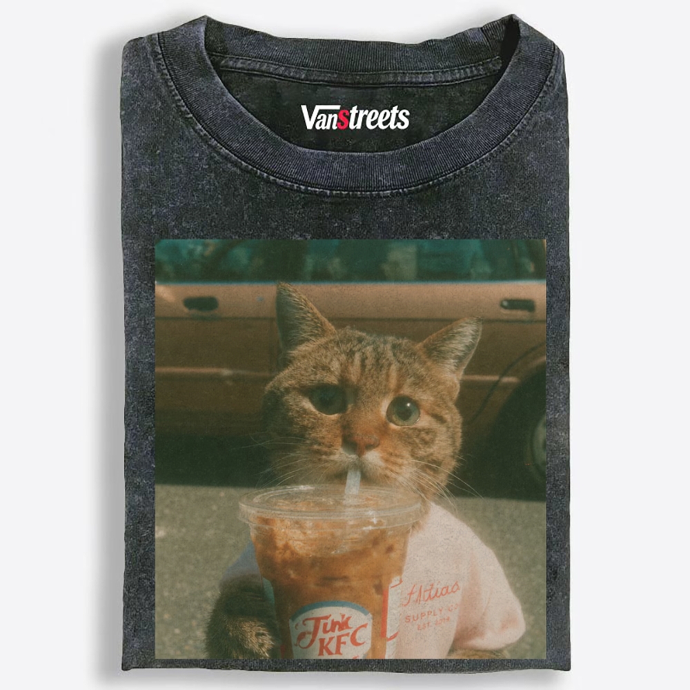 Salary Cat's Happy Drink Retro Washed T-Shirt | 100% Cotton | Streetwear Essential