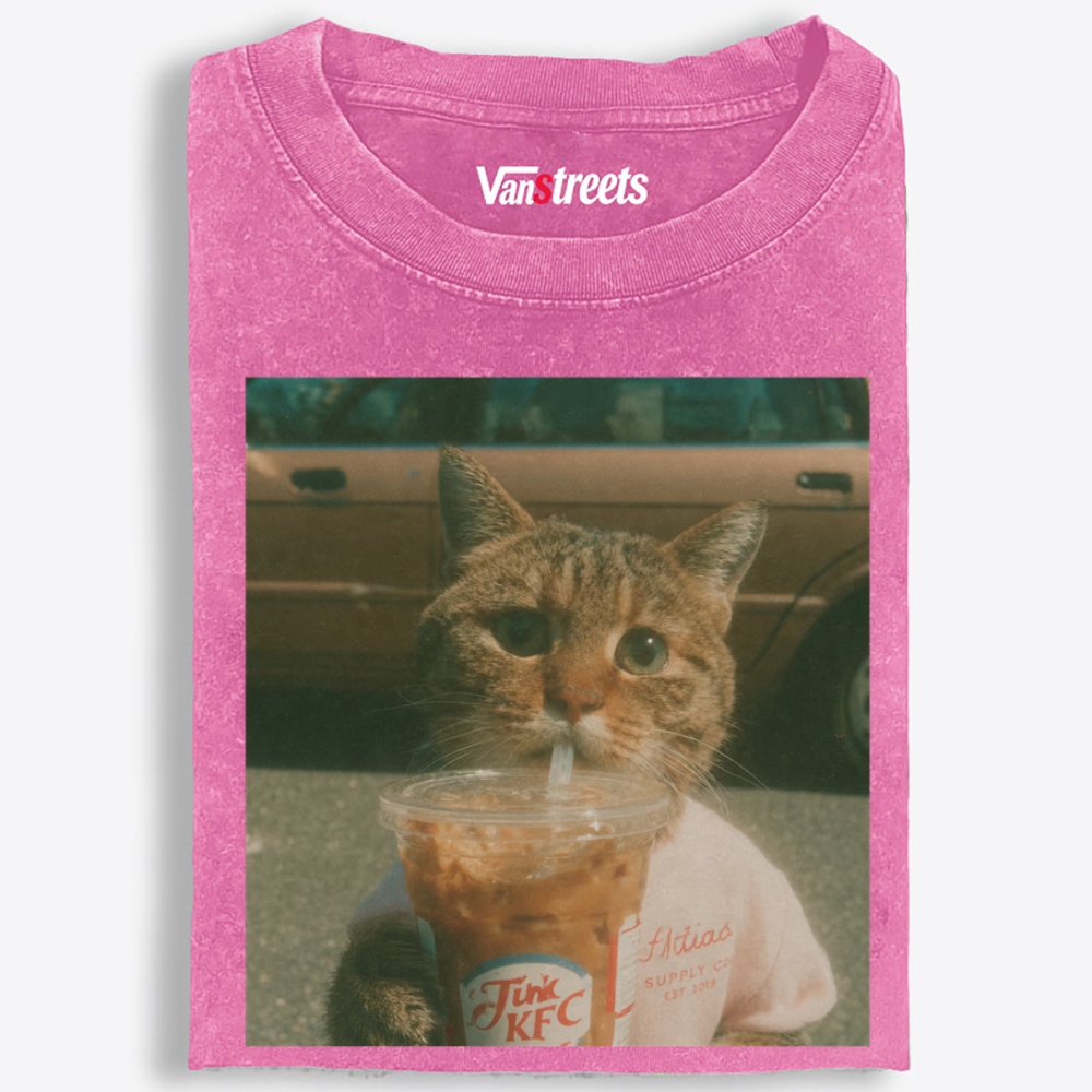 Salary Cat's Happy Drink Retro Washed T-Shirt | 100% Cotton | Streetwear Essential