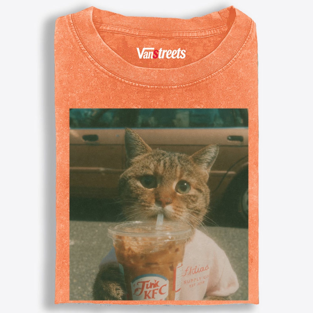 Salary Cat's Happy Drink Retro Washed T-Shirt | 100% Cotton | Streetwear Essential