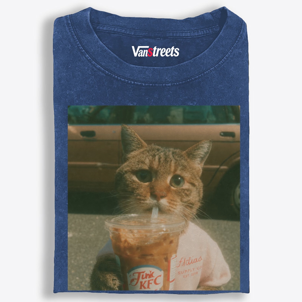 Salary Cat's Happy Drink Retro Washed T-Shirt | 100% Cotton | Streetwear Essential