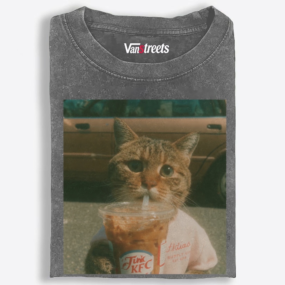 Salary Cat's Happy Drink Retro Washed T-Shirt | 100% Cotton | Streetwear Essential