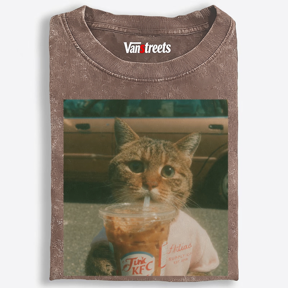 Salary Cat's Happy Drink Retro Washed T-Shirt | 100% Cotton | Streetwear Essential