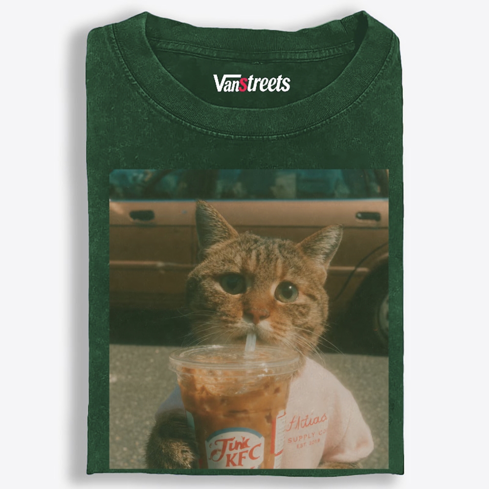 Salary Cat's Happy Drink Retro Washed T-Shirt | 100% Cotton | Streetwear Essential