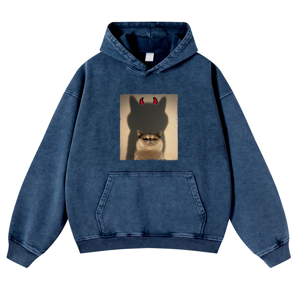 Demon Shadow Cat Meme Retro Washed Hoodie