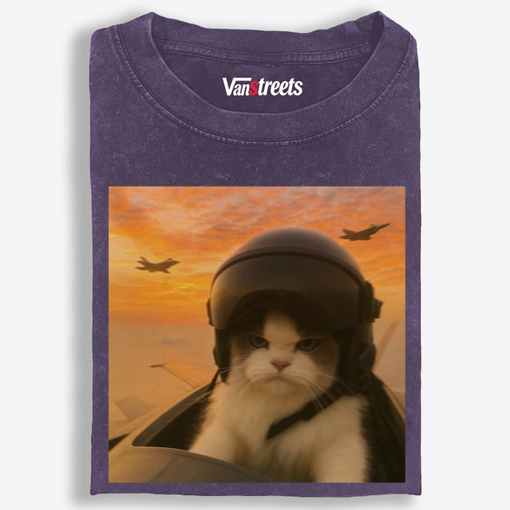 Top Gun Cat Retro Washed T-Shirt | 100% Cotton | Streetwear Essential