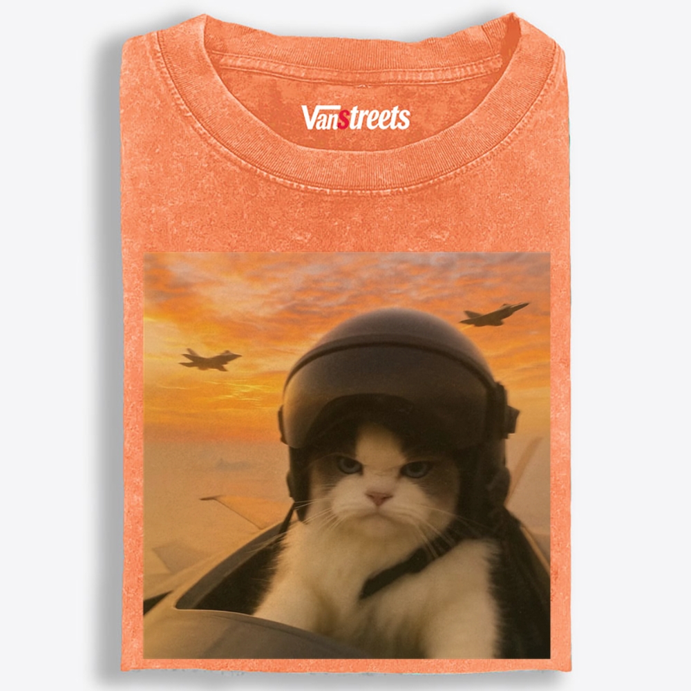 Top Gun Cat Retro Washed T-Shirt | 100% Cotton | Streetwear Essential