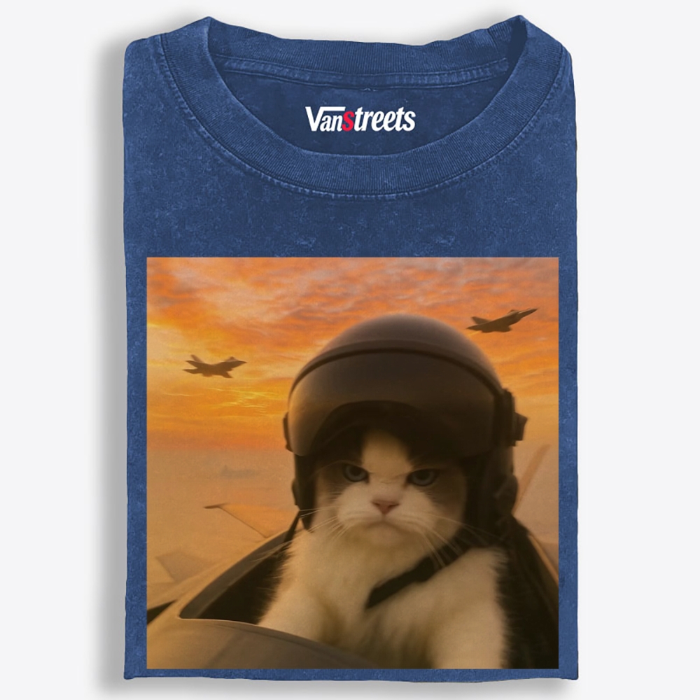Top Gun Cat Retro Washed T-Shirt | 100% Cotton | Streetwear Essential