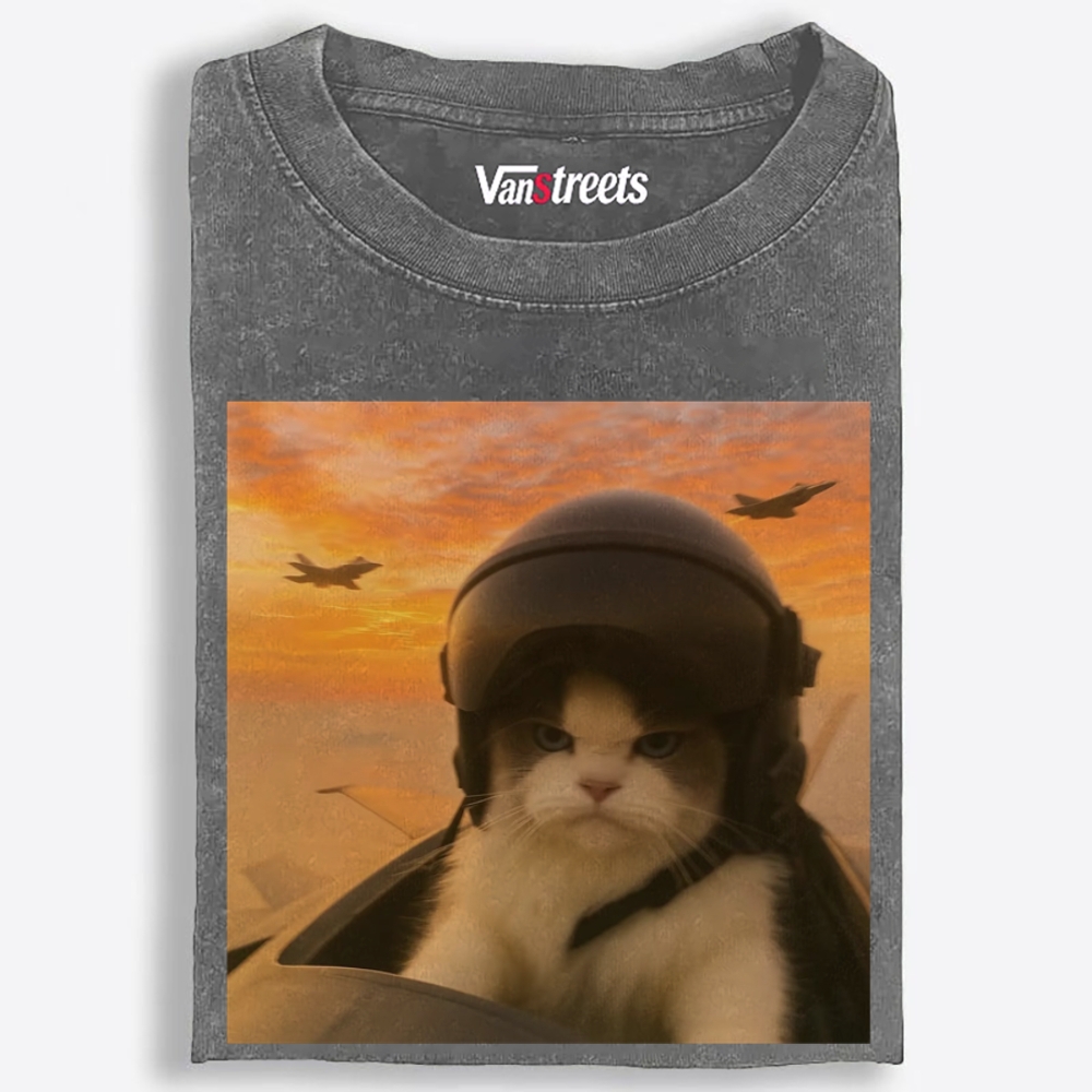 Top Gun Cat Retro Washed T-Shirt | 100% Cotton | Streetwear Essential