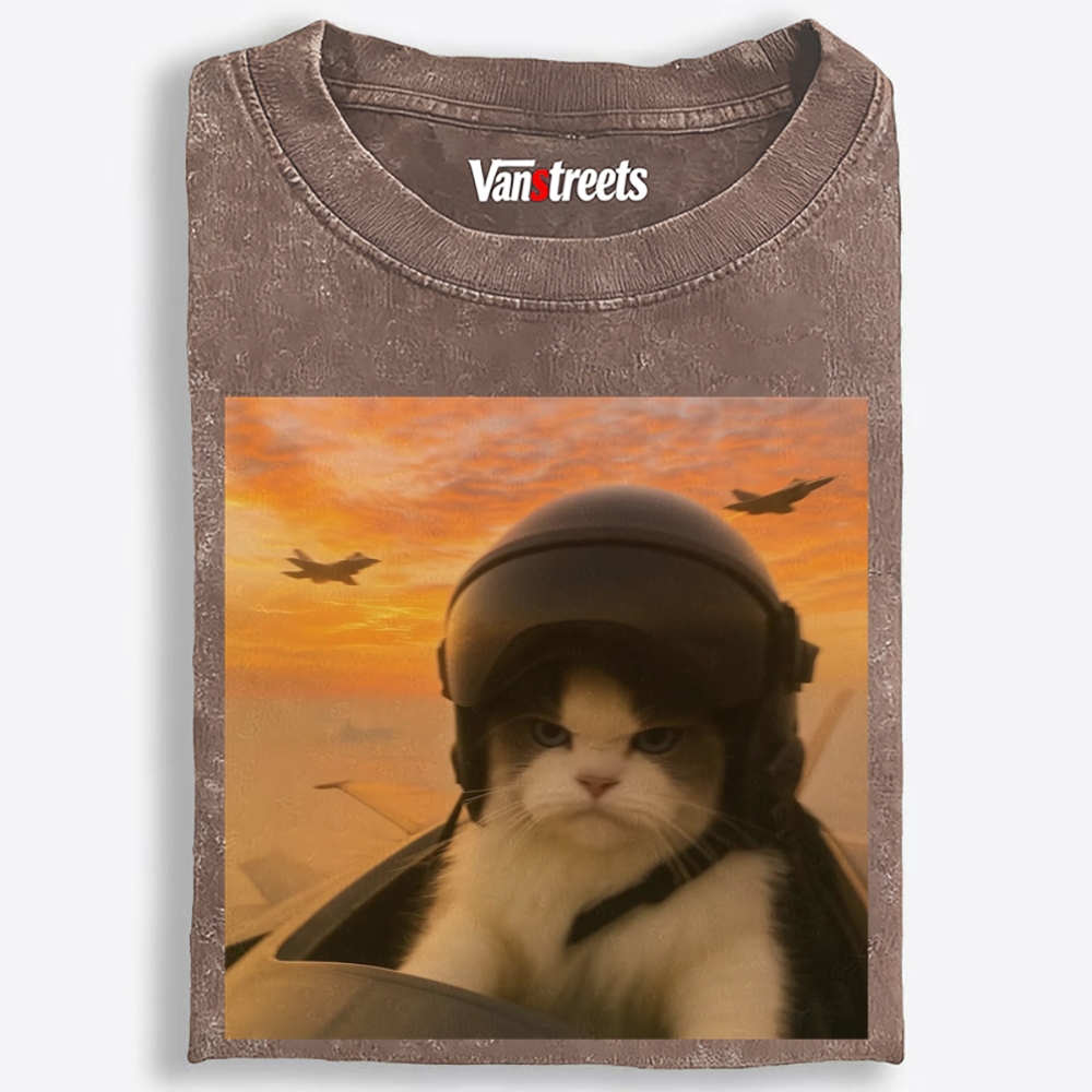 Top Gun Cat Retro Washed T-Shirt | 100% Cotton | Streetwear Essential