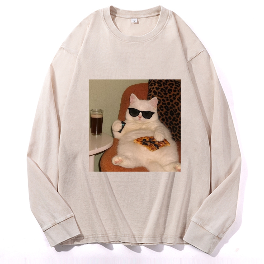 Lazy Cat Pizza & Beer Couch Potato Retro Washed Long Sleeve T-Shirt