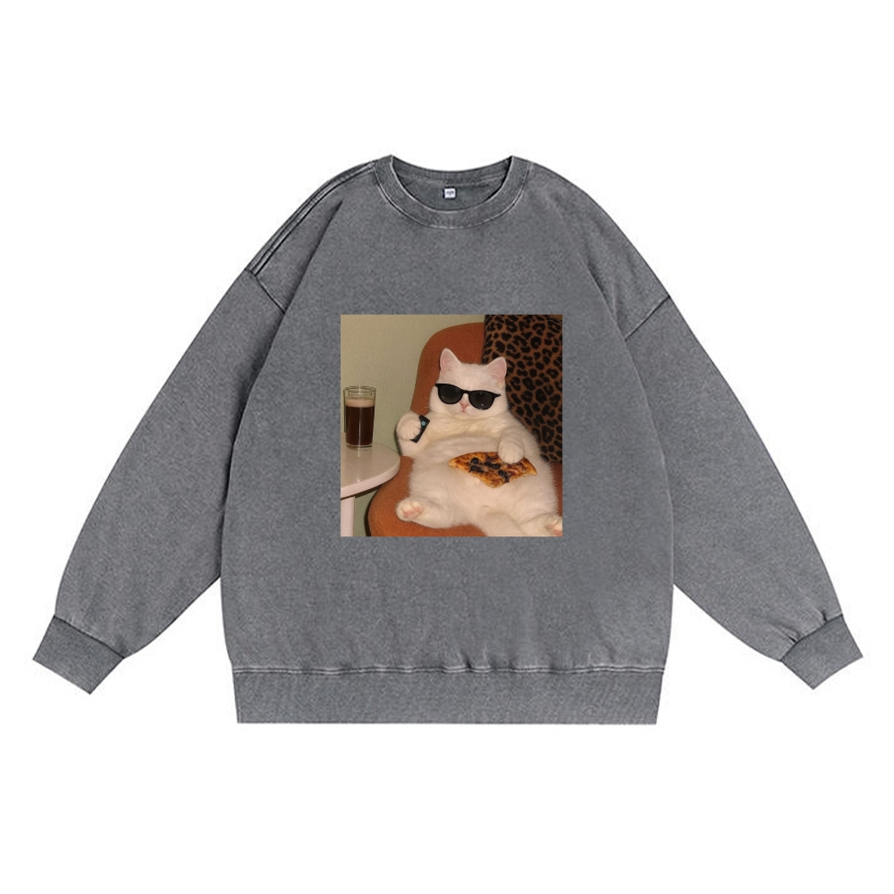Lazy Cat Pizza & Beer Couch Potato Retro Premium Washed Cotton Crewneck Sweatshirt