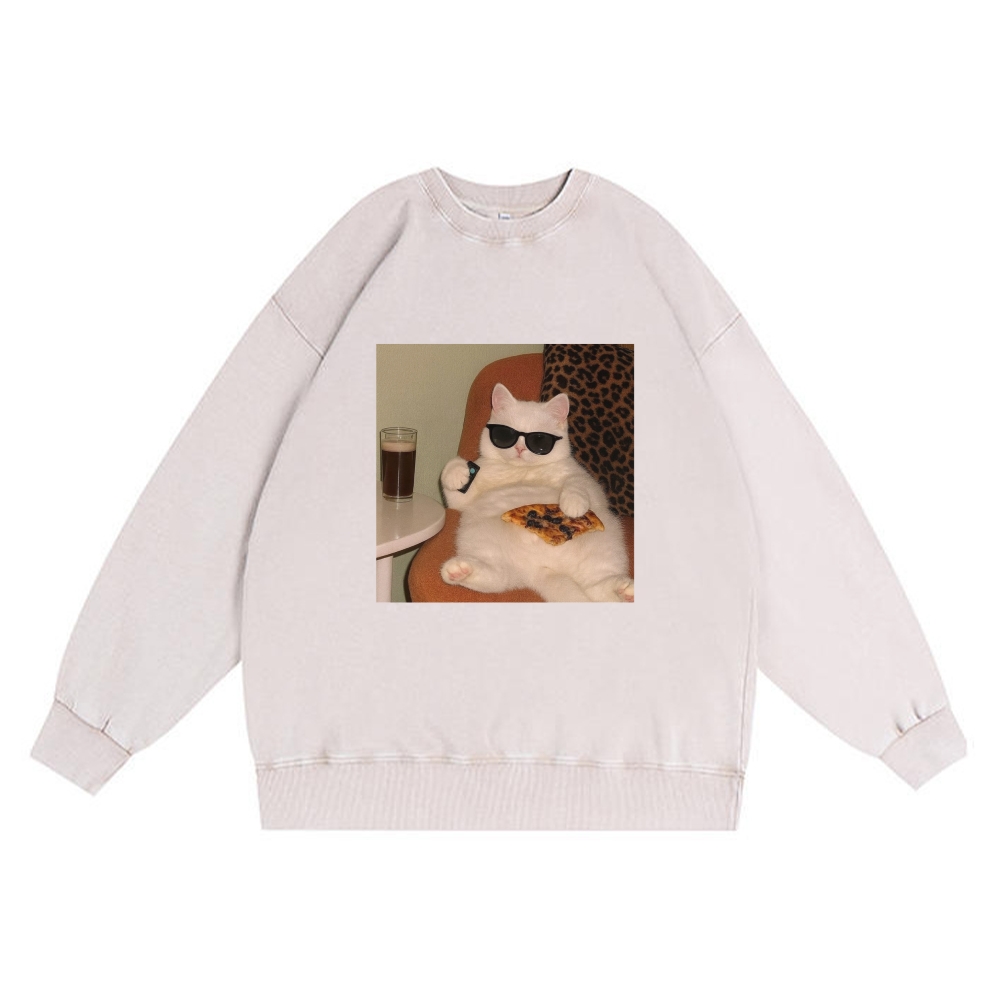 Lazy Cat Pizza & Beer Couch Potato Retro Premium Washed Cotton Crewneck Sweatshirt