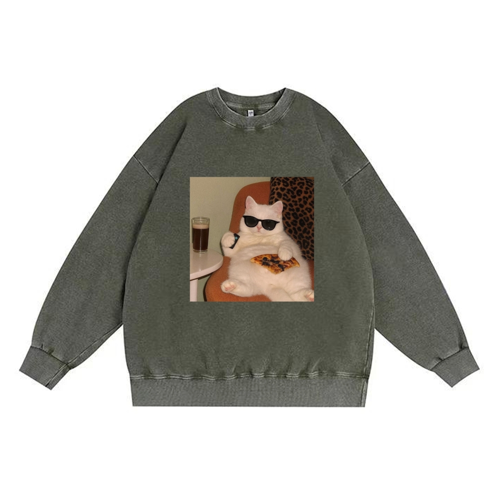 Lazy Cat Pizza & Beer Couch Potato Retro Premium Washed Cotton Crewneck Sweatshirt