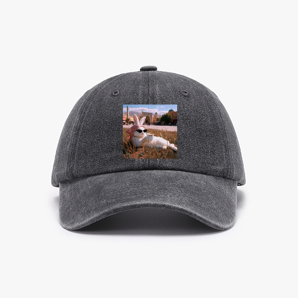 Rabbit Drinking Tea Uyghur Style Retro Washed Baseball Cap