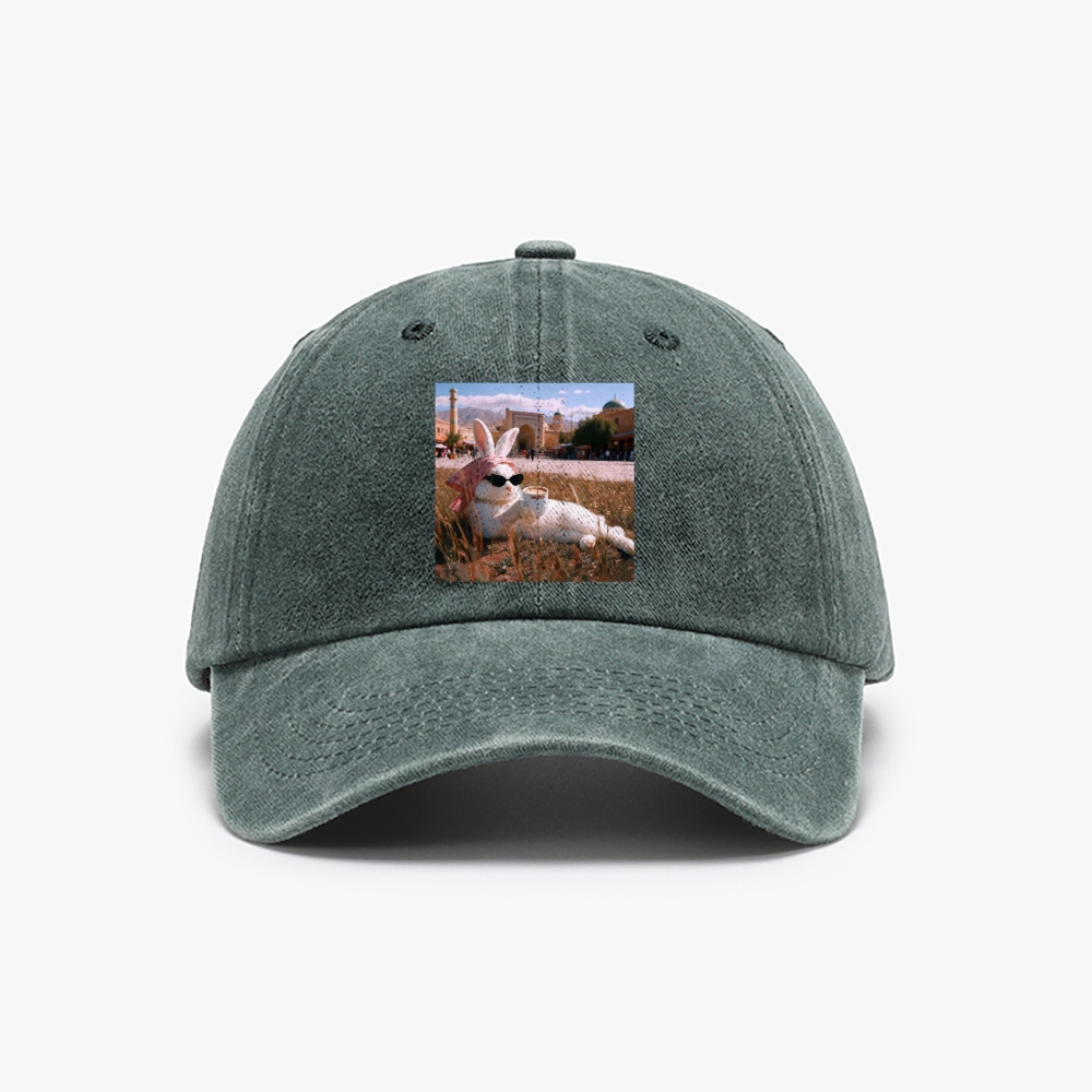 Rabbit Drinking Tea Uyghur Style Retro Washed Baseball Cap
